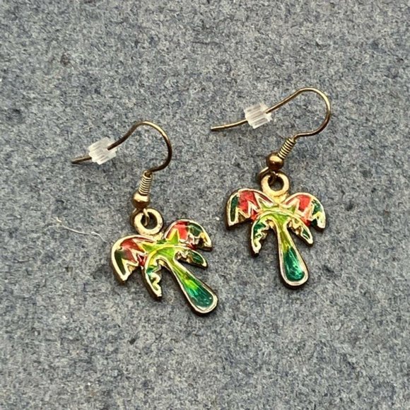Dangle Pierced Earrings Trees Green Red Enamel Silver Hook Tropical Vacation - Picture 4 of 6